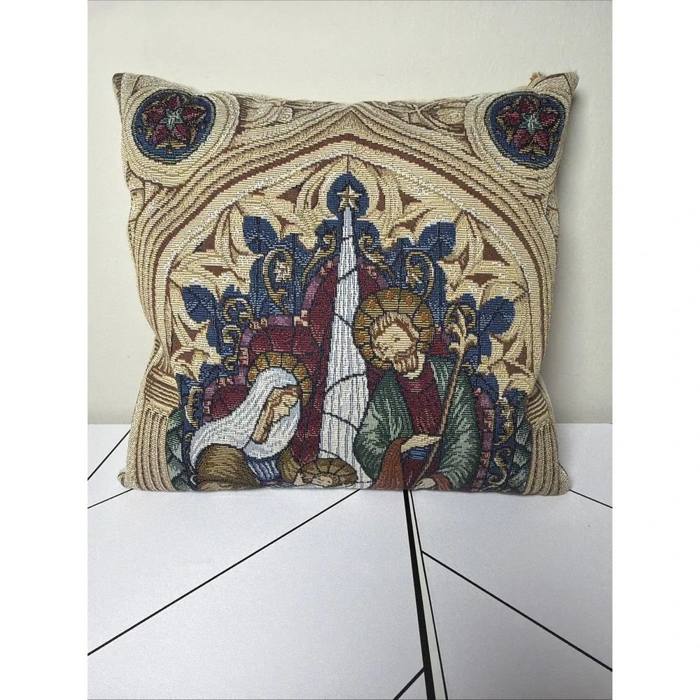 VTG Baby Jesus Mary Joseph Tapestry Pillow Needlepoint Pillow 12 X 12 Christ‎